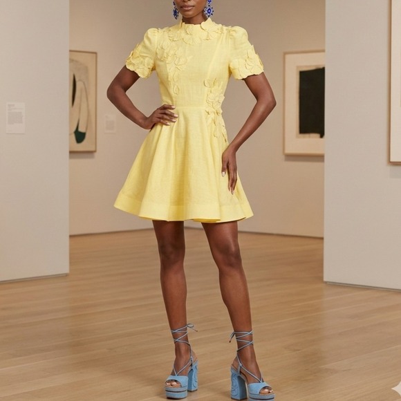 Antonio Melanie Women's Dress 12 Yellow Mock Neck Short Sleeves Knee-Length 0666 - Picture 2 of 15